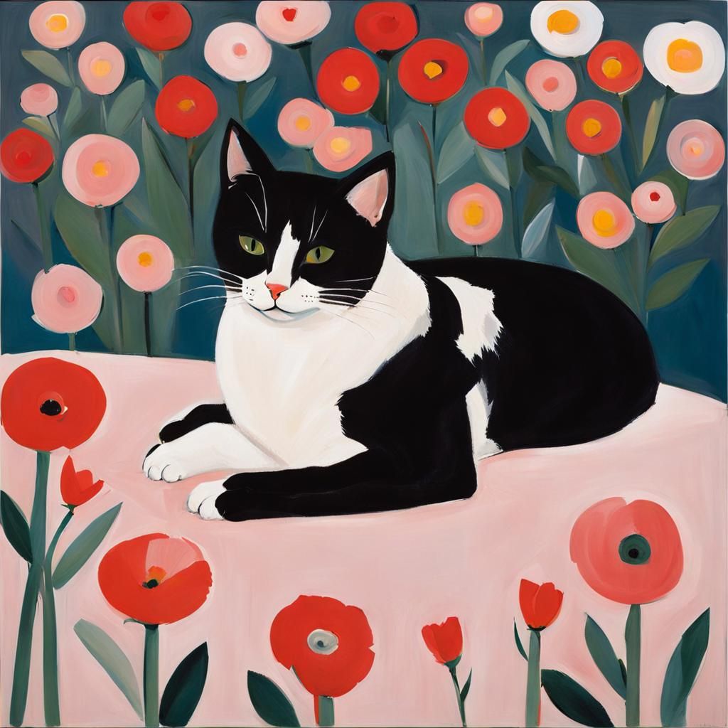 Charming Cat Portrait with Flowers in Expressive Style