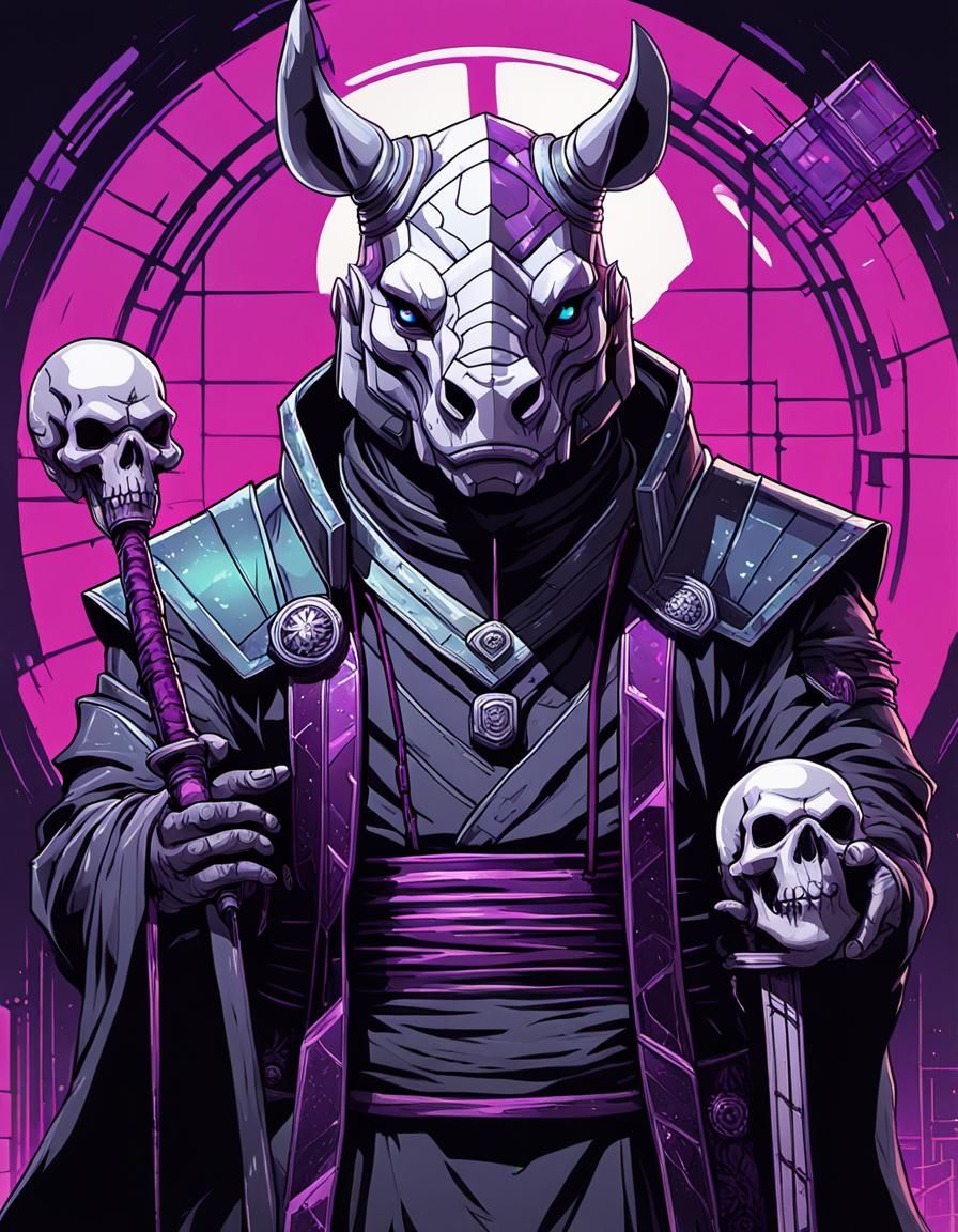 Cyberpunk Rhino Necromancer in Anime Poster Art