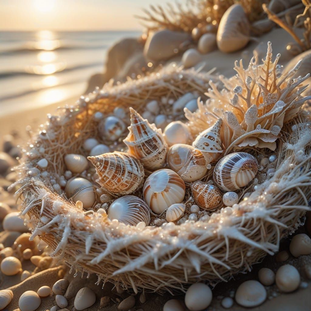 Intricately Woven Seashell Nest in Dreamy Oceanic Setting