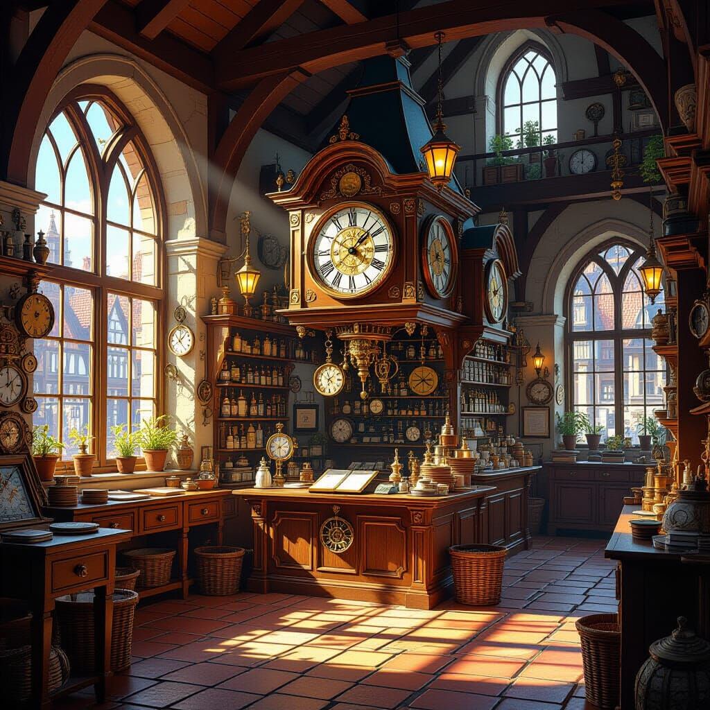 Medieval Clock Shop with Disney Animation Style
