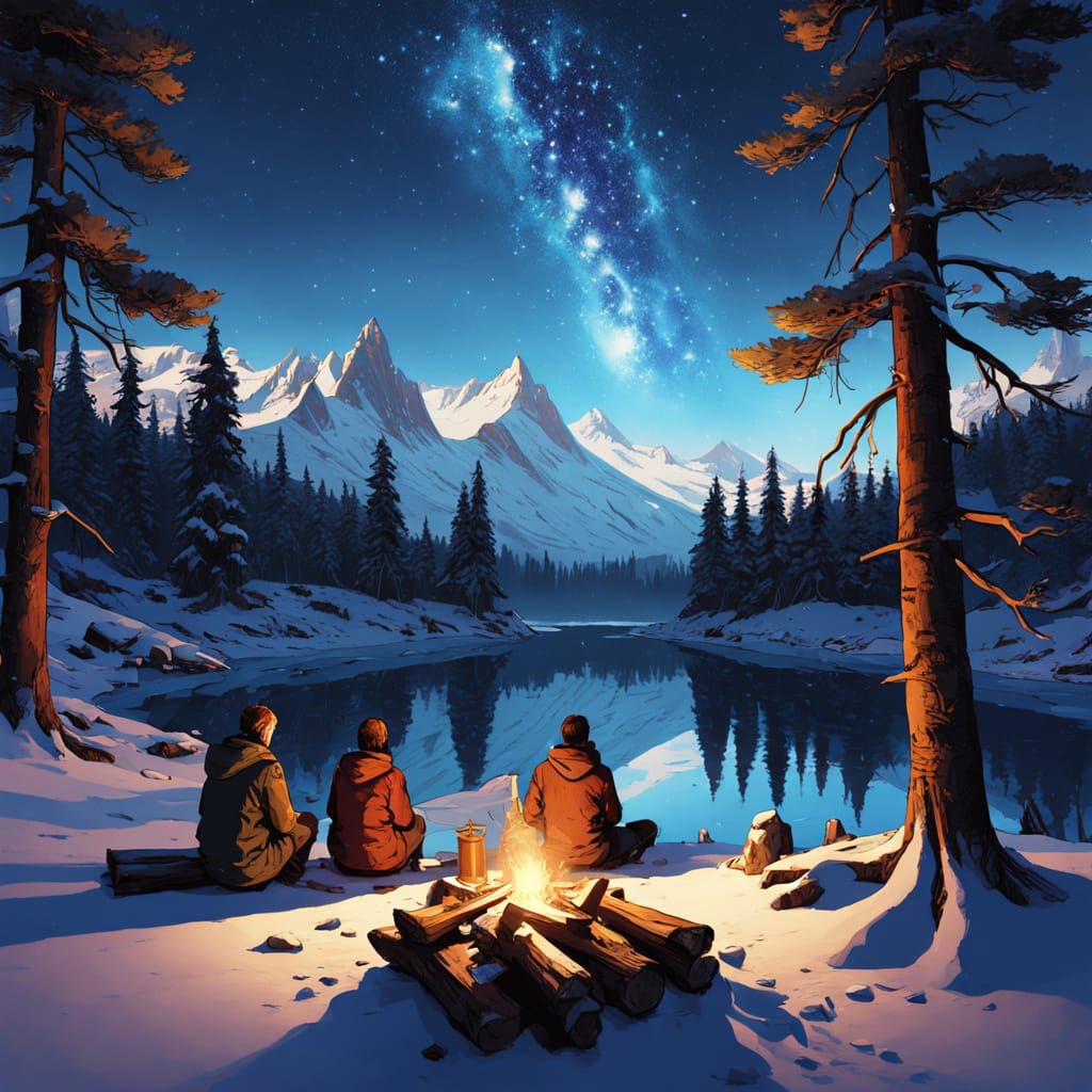 Cosmic Winter Scene in Hyperrealistic Style