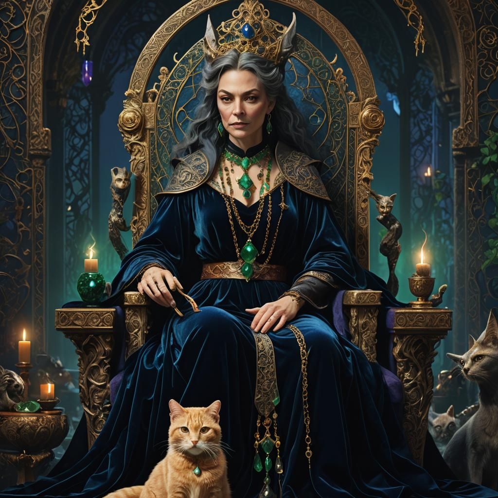 Witch and Familiar on Throne in Baroque Style