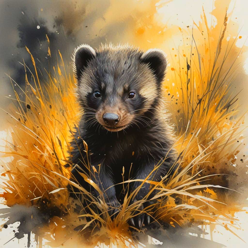 Playful Honey Badger Cub in Golden Savannah Light