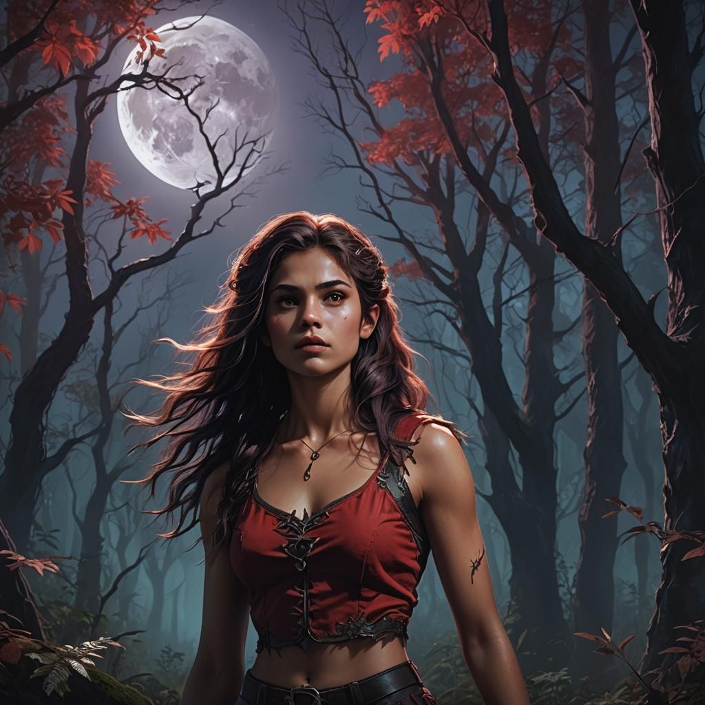 Teenage Werewolf Girl in Moonlit Forest, Digital Art
