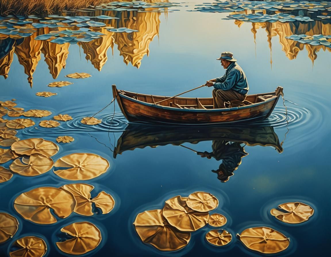 Surreal Fisherman on Lake in Dali Style