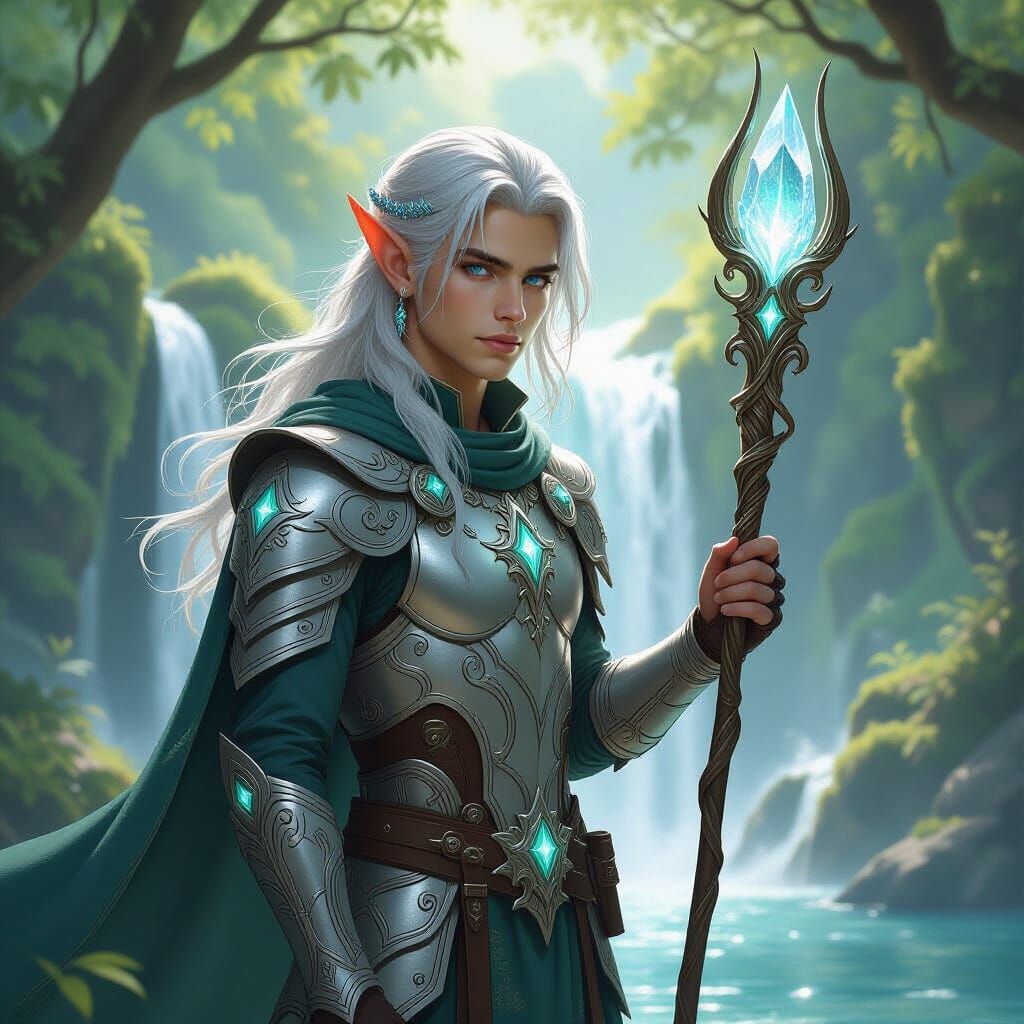 Elf at Waterfall in Art Nouveau Style