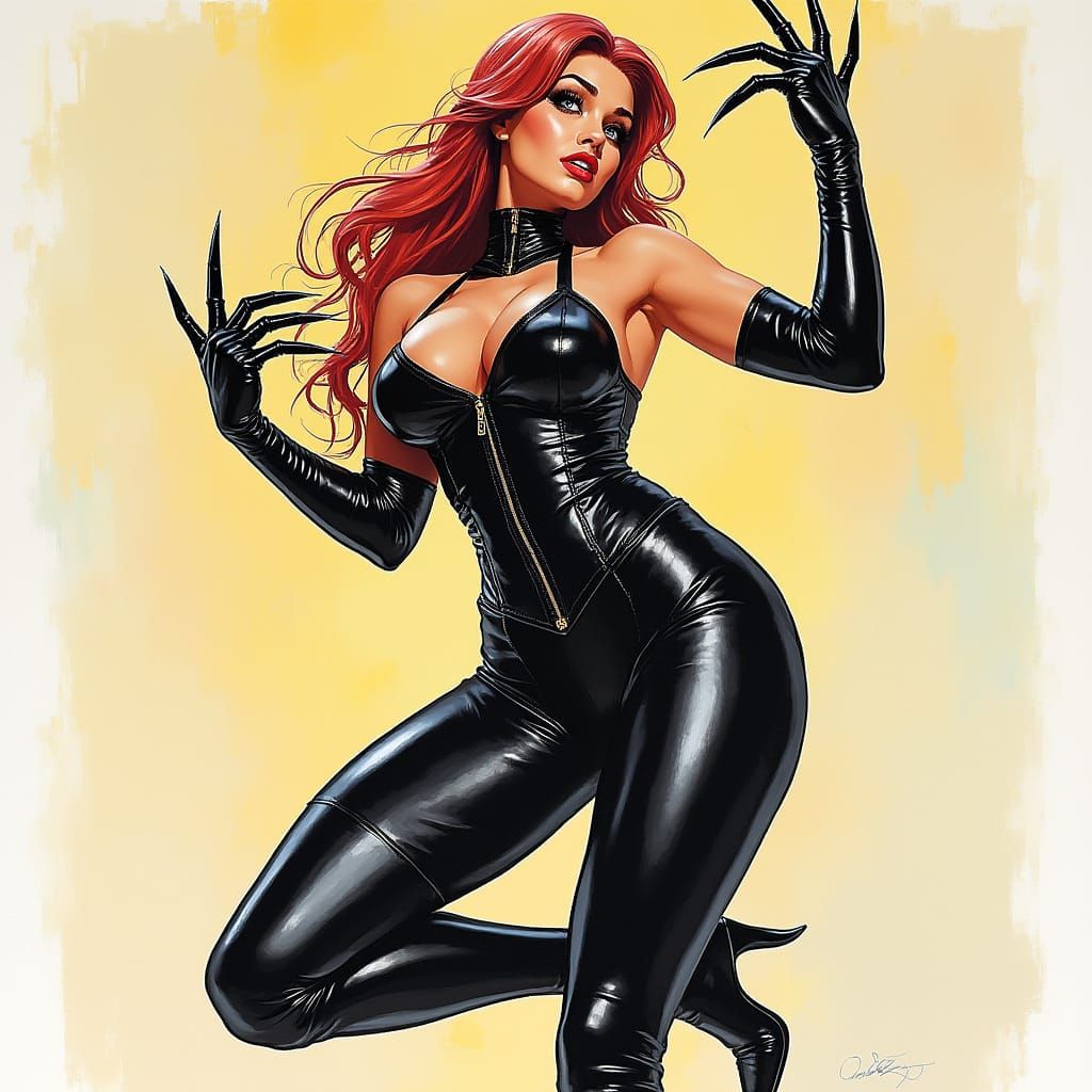 Woman in Latex Catsuit: Comic Book Style Art