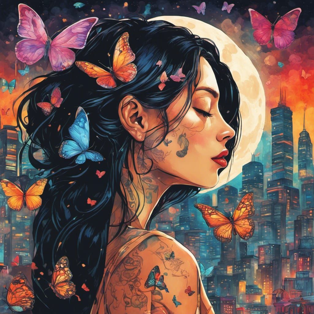 Futuristic Woman with Aura and Butterflies in Art Deco