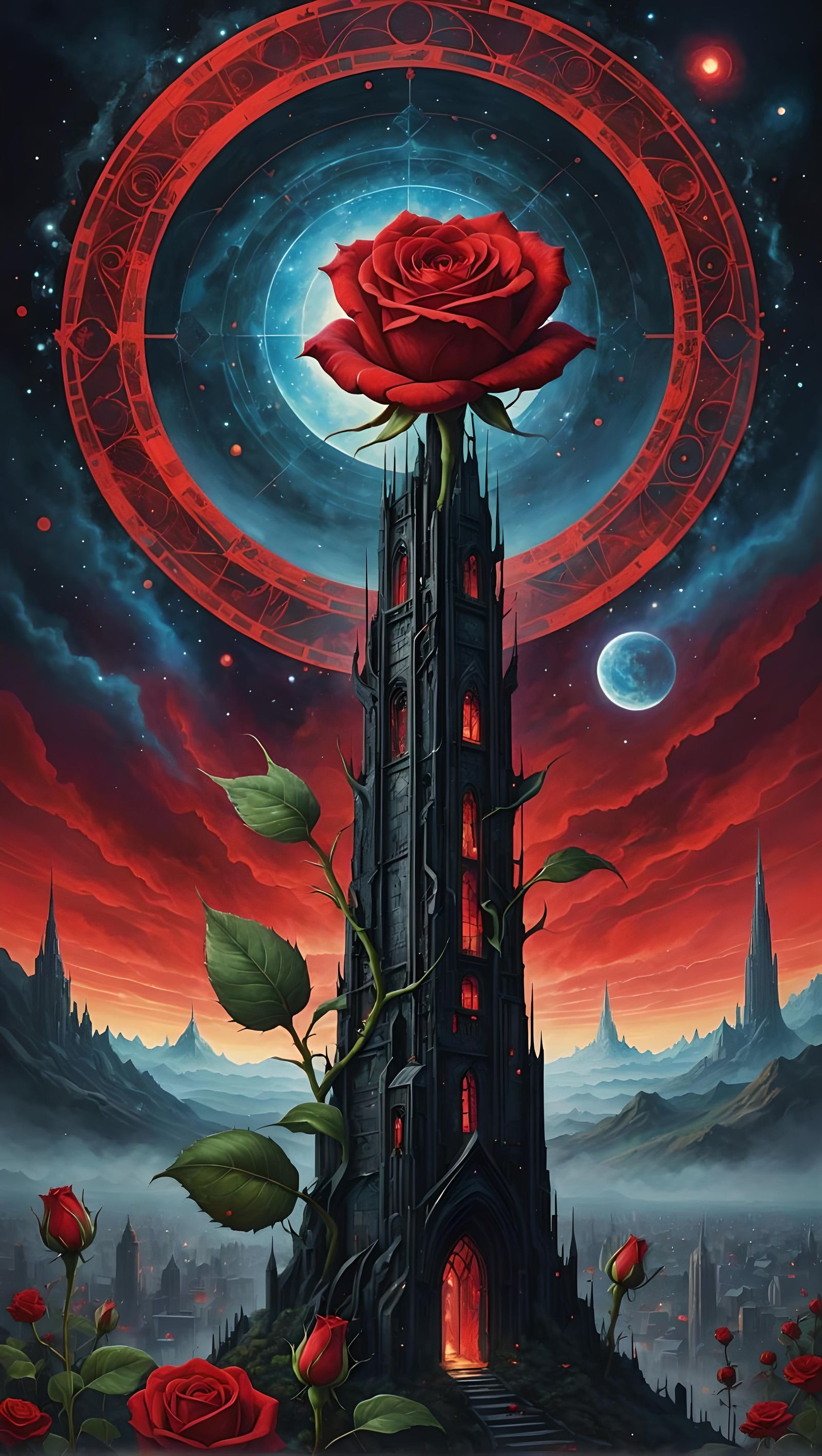 Red Rose with Dark Tower: Holographic Illustration