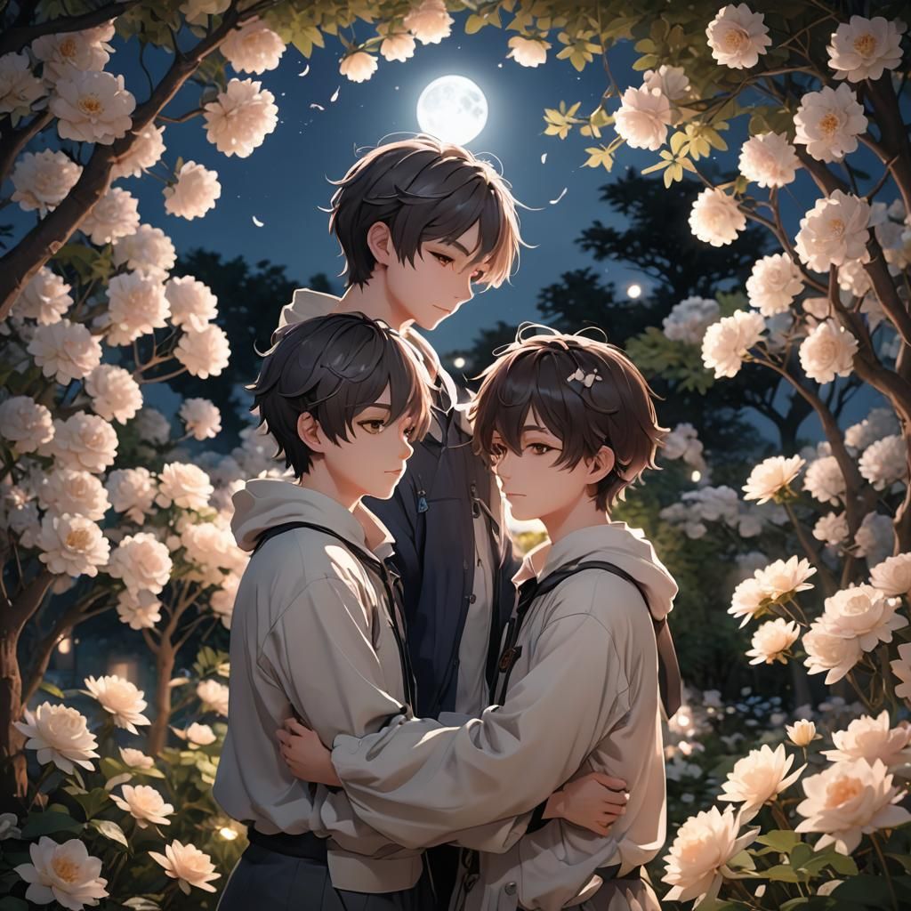 Romantic Anime Boys Embrace in Moonlit Garden