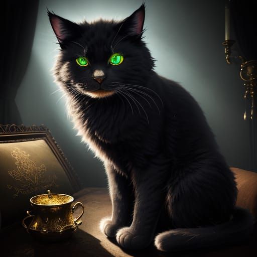 Fluffy Cat with Emerald Eyes in Dramatic Chiaroscuro Lightin...