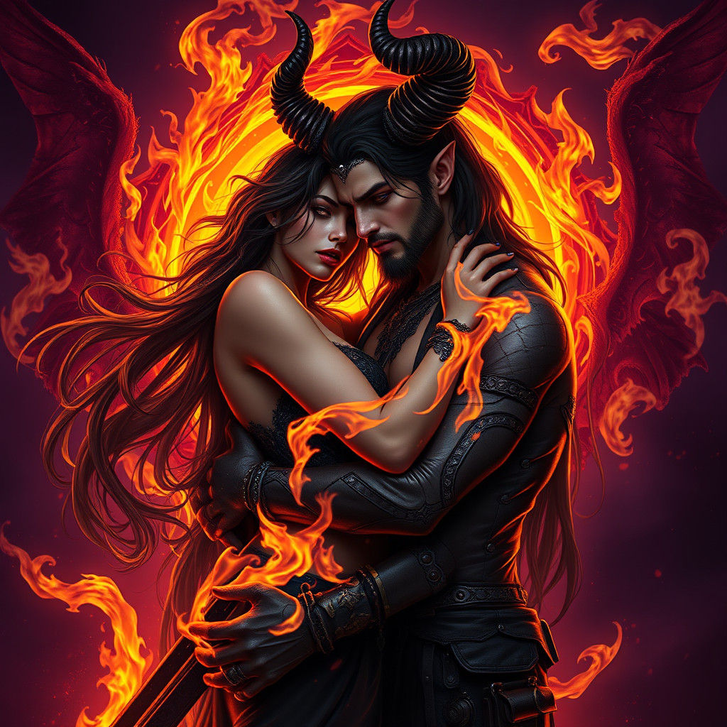 Lilith and Biker in Hellish Embrace: Fantasy Art