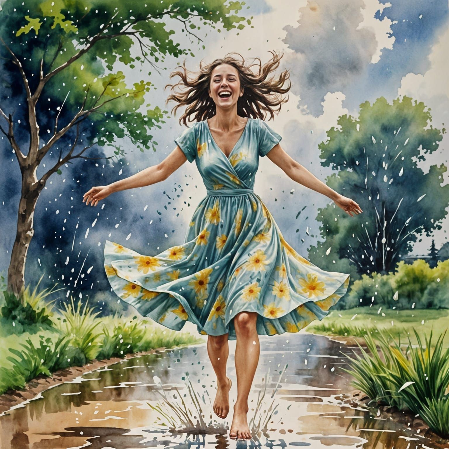 Joyful Woman Dancing in Summer Rain: Watercolour Art
