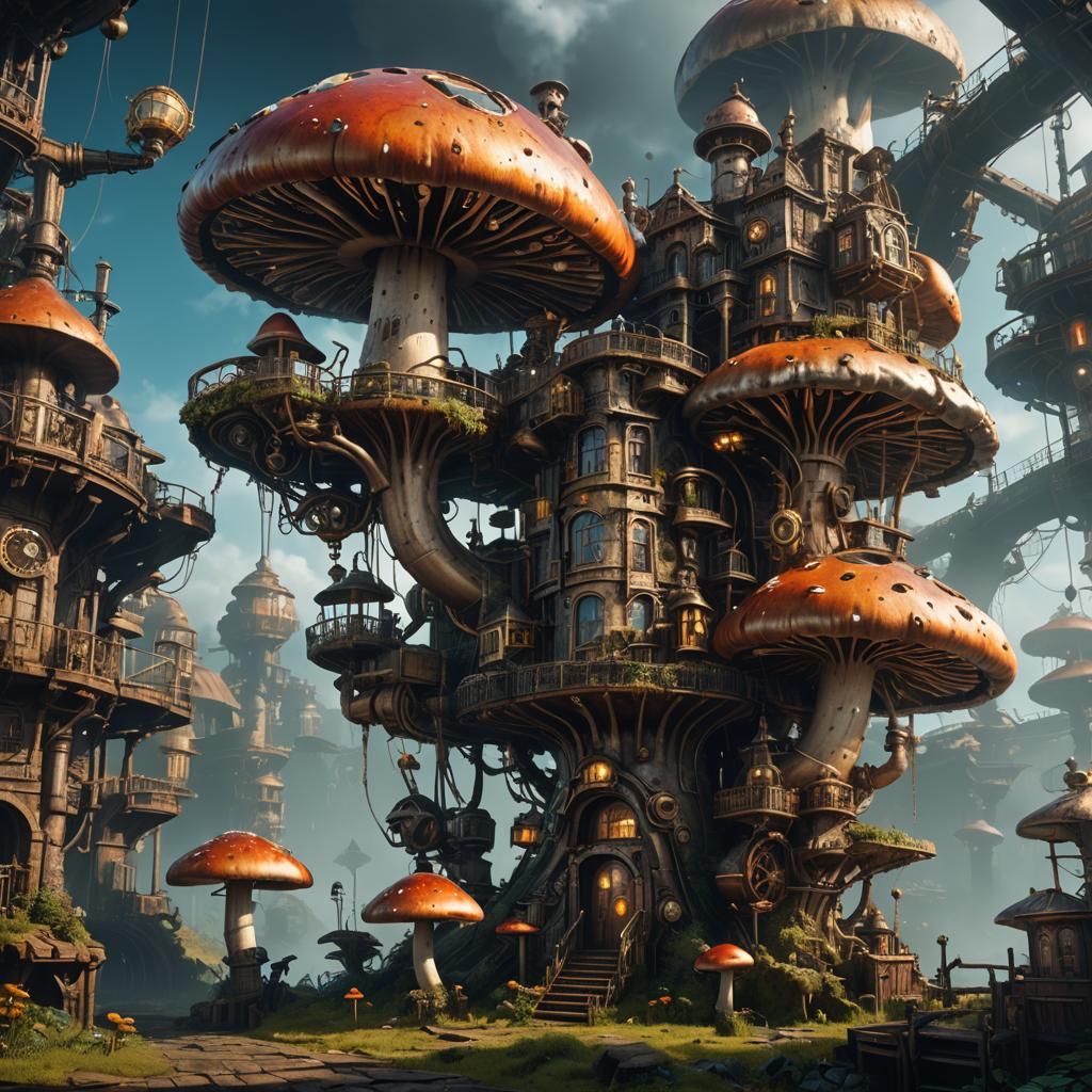 Giant Steampunk Mushroom in Detailed Digital Painting