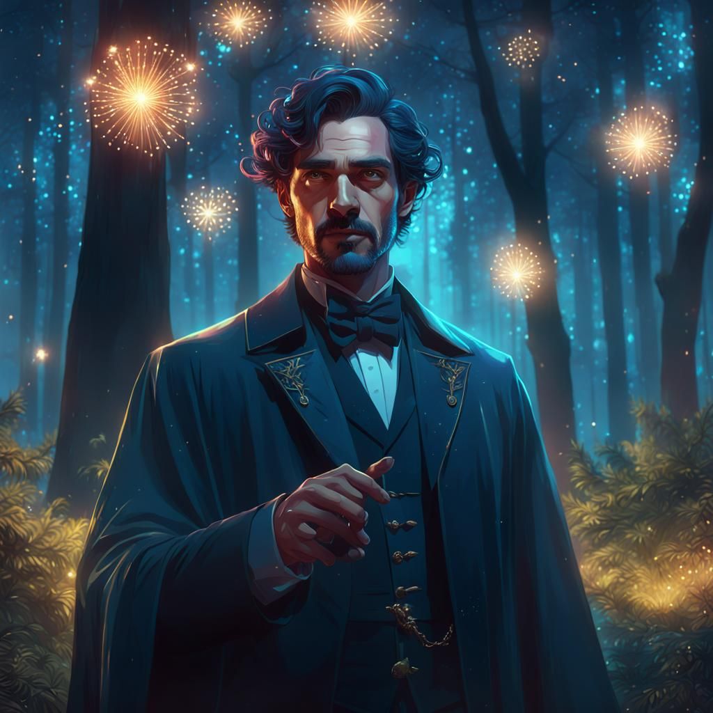 Magician in Sparkling Forest, Hyperdetailed Portrait