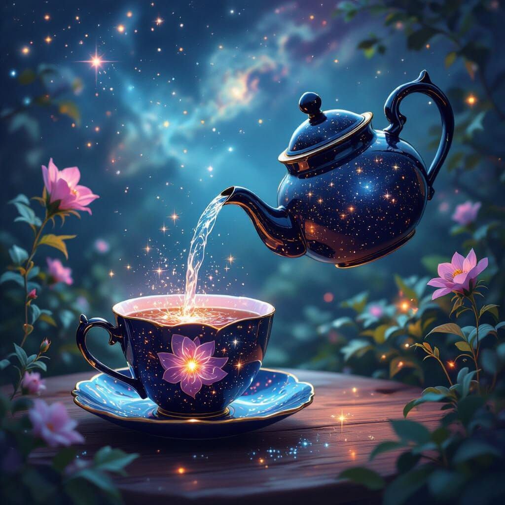 Obsidian Teapot Pours Stardust into Nightshade Cup