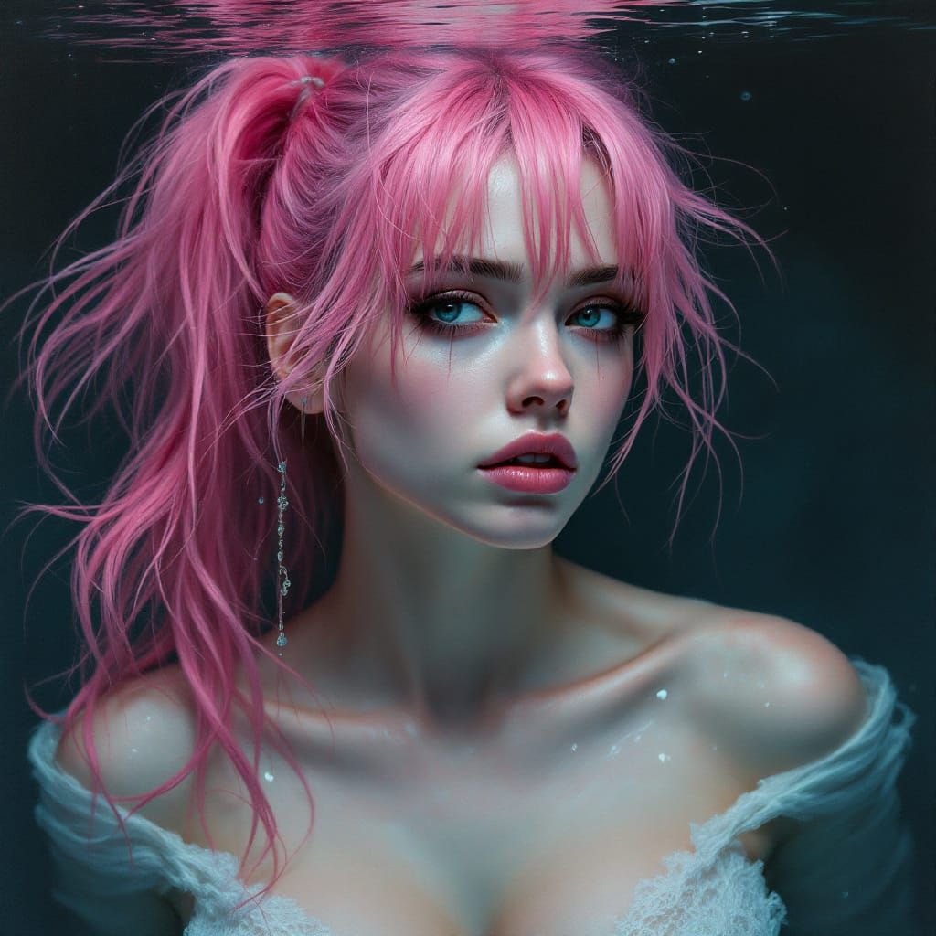 Emo Woman Submerged in Water, Surreal Portrait