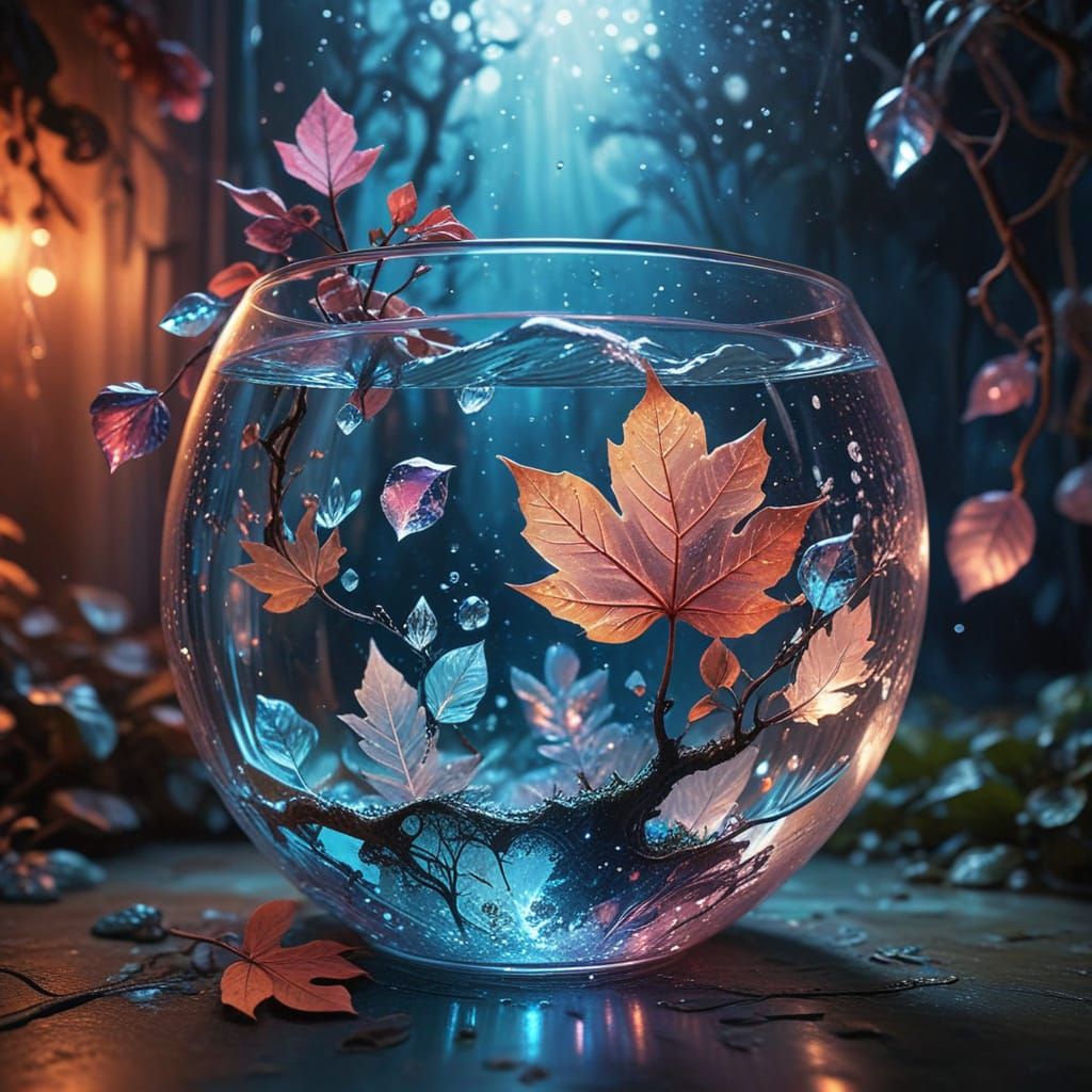 Surreal Glass Bowl Scene with Glowing Leaves and Crystalline...