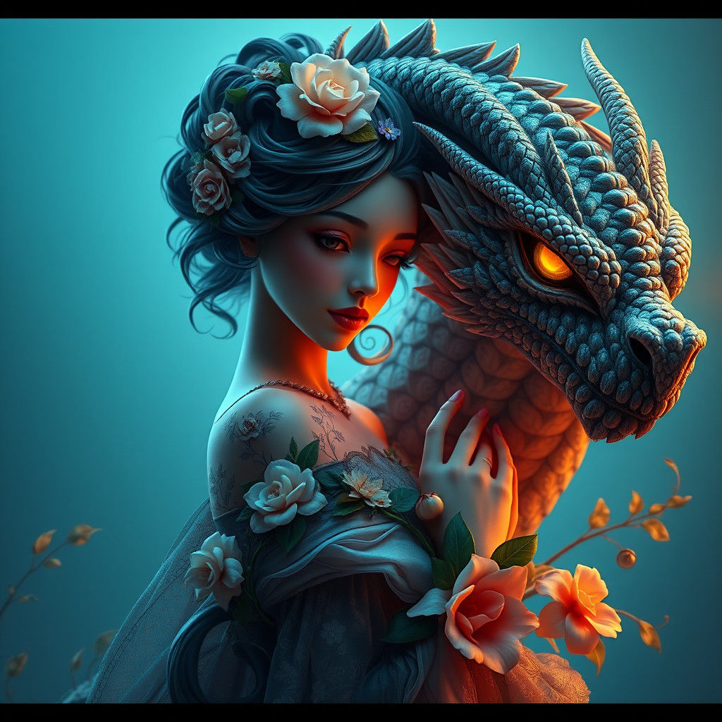 Fantasy Flower Girl with Dragon, Art Nouveau Style