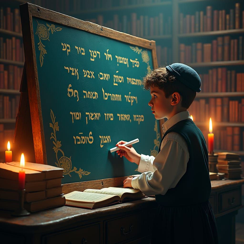 Boy Writes Hebrew on Blackboard in Mystical Study