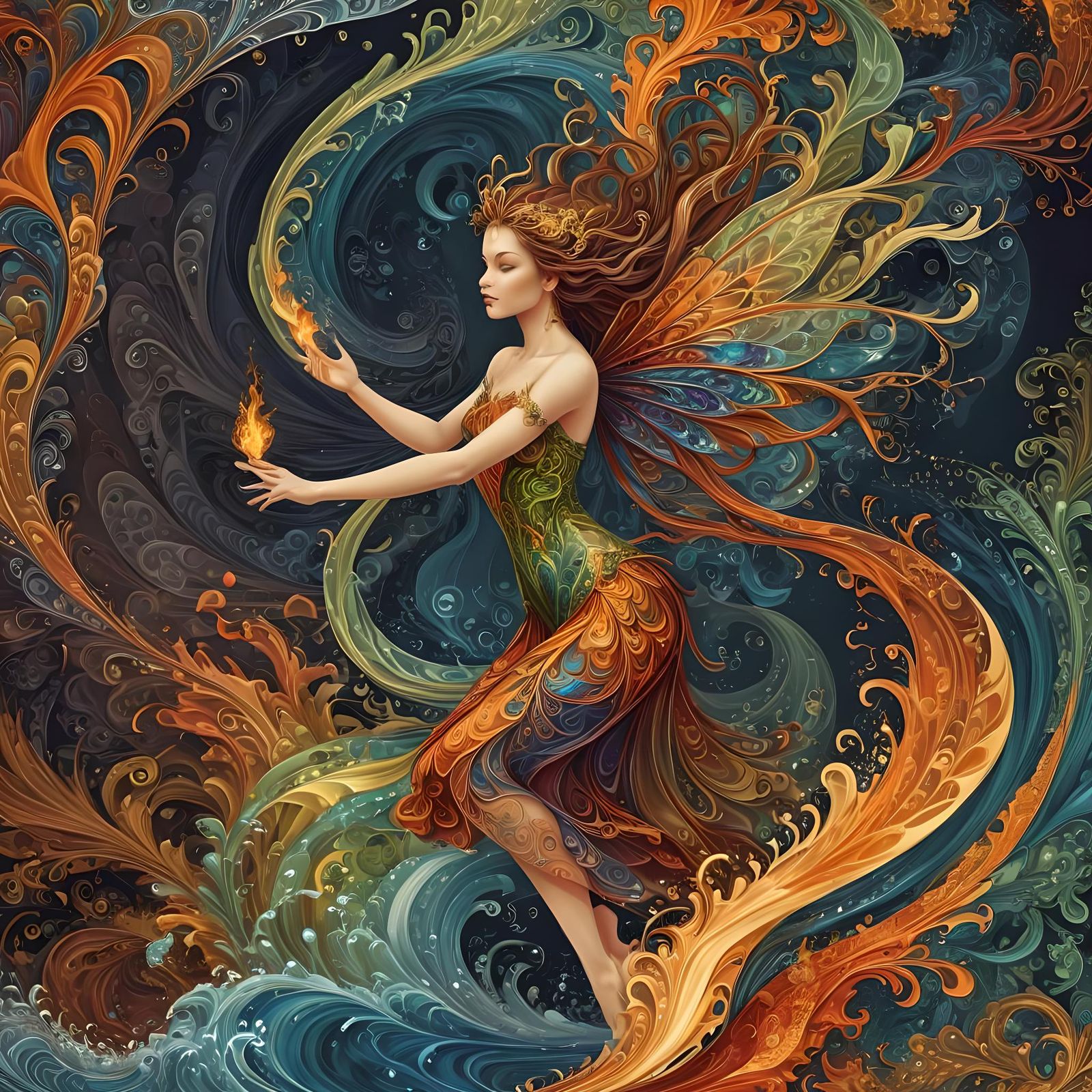 Fairy Manipulating the Four Elements in Fractal Style