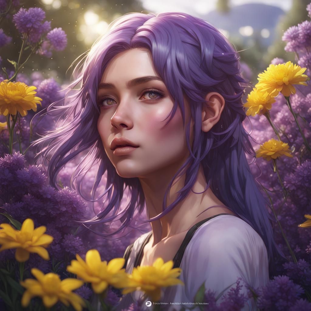 Anime Girl with Purple Hair and Flowers