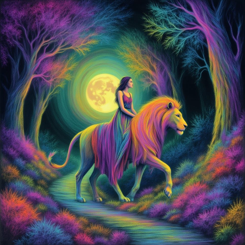Princess Rides Winged Lion Through Dreamlike Forest