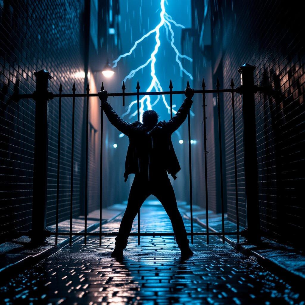 Figure Caught on Fence During Lightning Storm