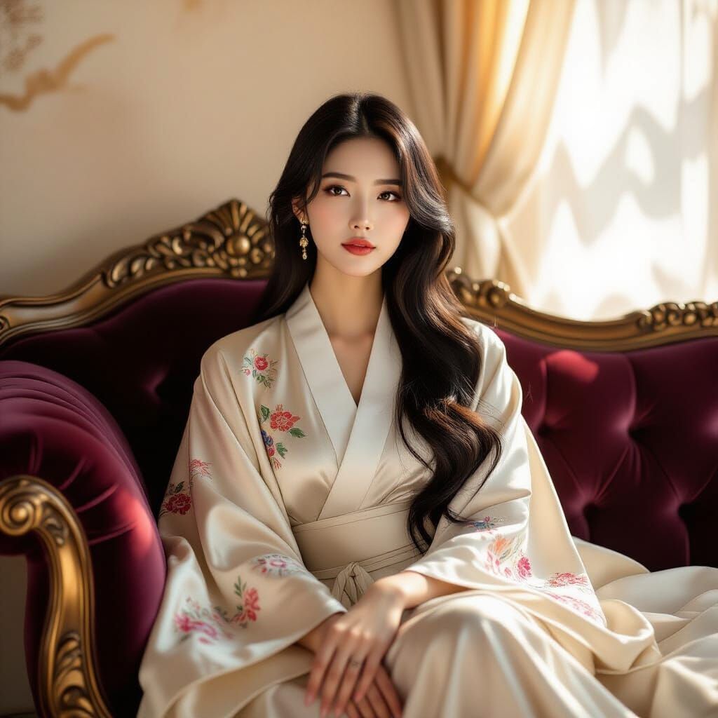 Elegant Woman in Silk Robe, Impressionistic Style