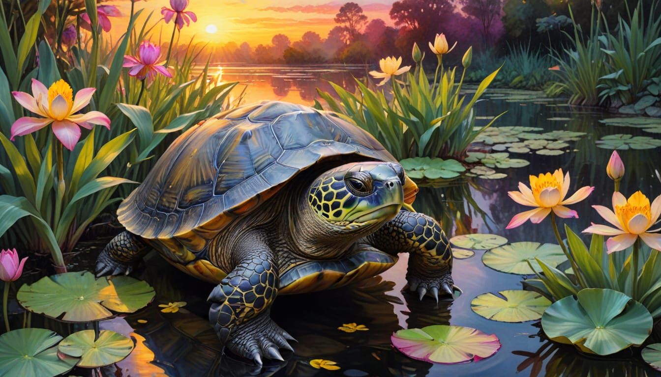 Turtle at the Pond at Sunset