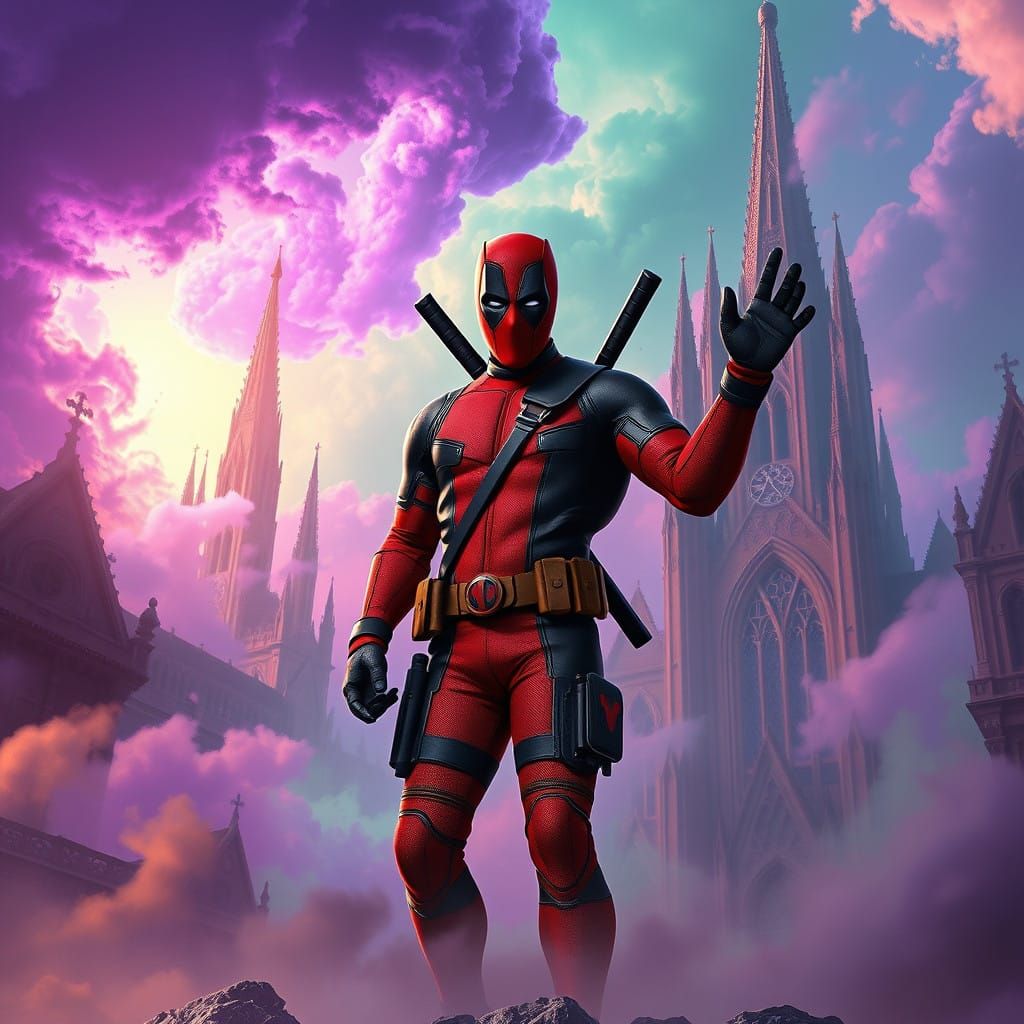 Heroic Deadpool in Vibrant Dreamlike Cityscape
