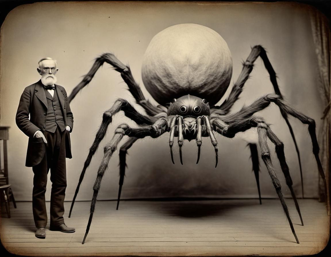 Old man standing next to a giant spider.