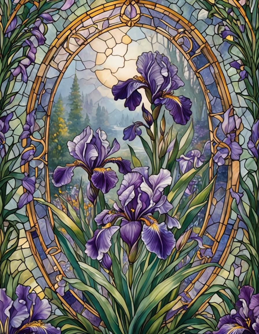 Ethereal Purple Iris in Stained Glass