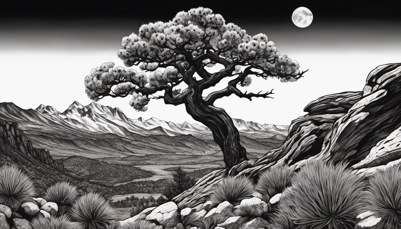 Gnarly Pine Tree on Red Rock Plateau: Ink Drawing