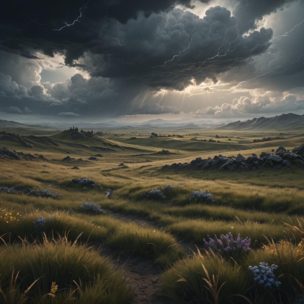 Dramatic Windswept Field Under Stormy Skies