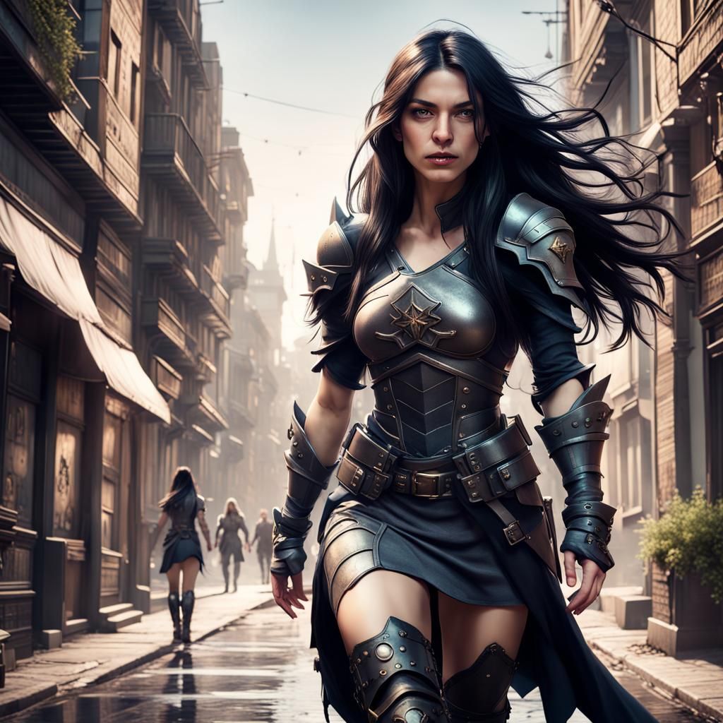 Female Thief in City Street, Detailed Matte Painting