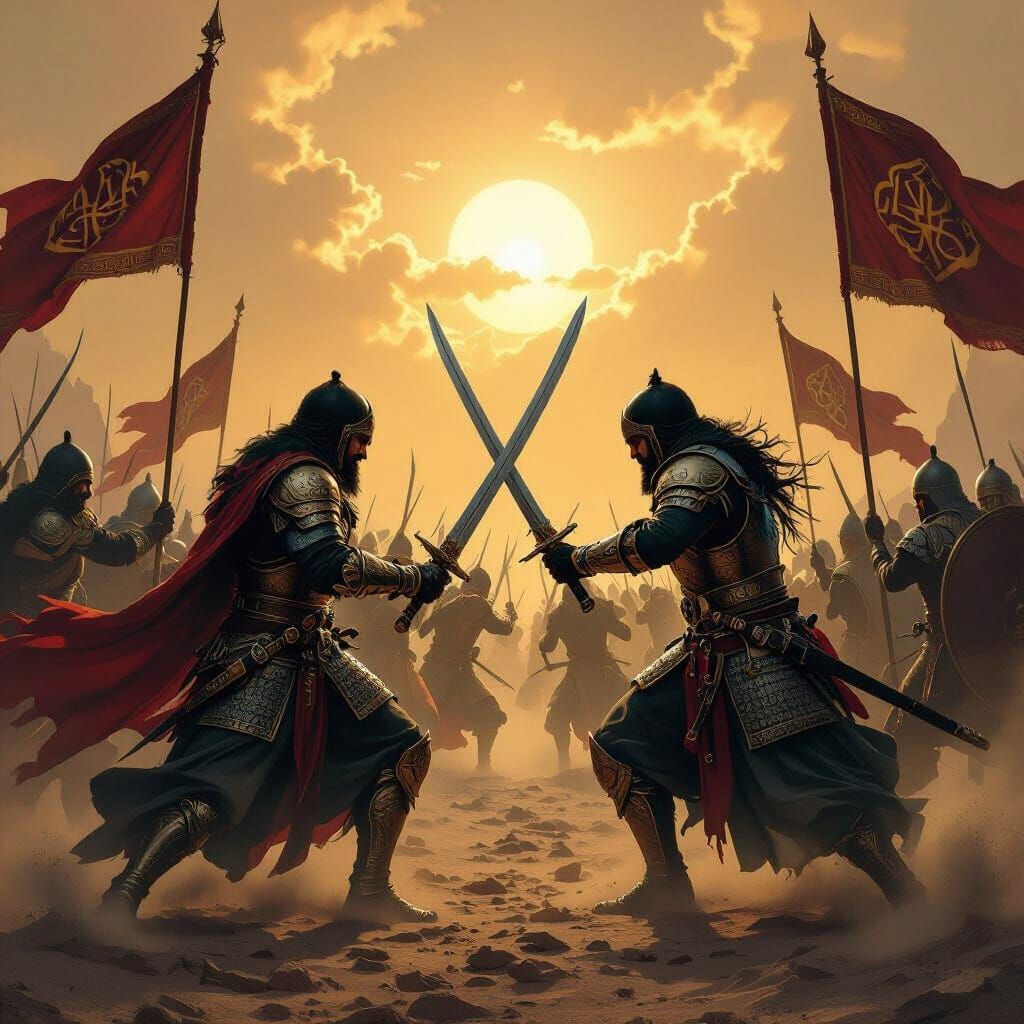 Medieval Battle Scene in Golden Sunlight