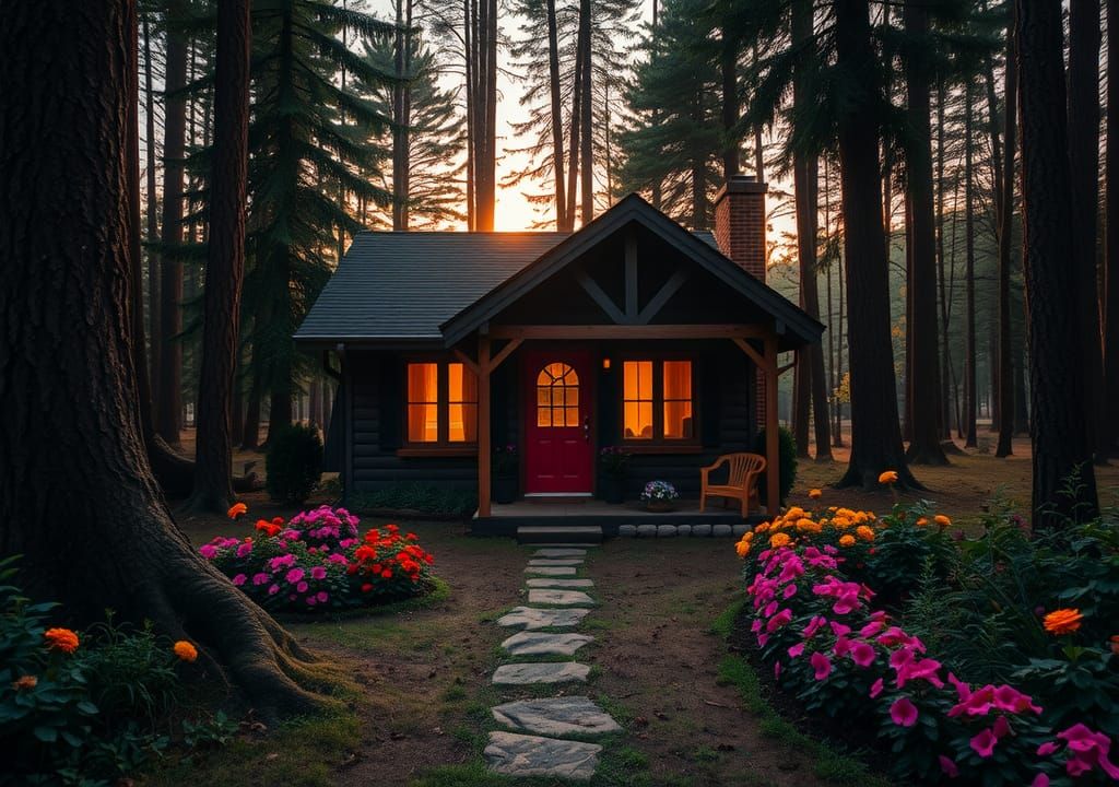 Forest Cabin with Flower Garden at Sunset