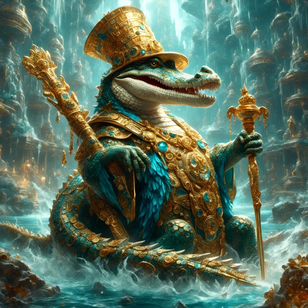 Retrofuturist Nile God Sebek on Pharaoh's Throne