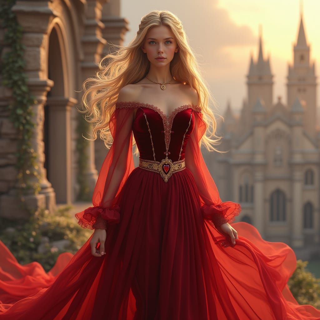 Elegant Princess in Crimson Velvet Gown