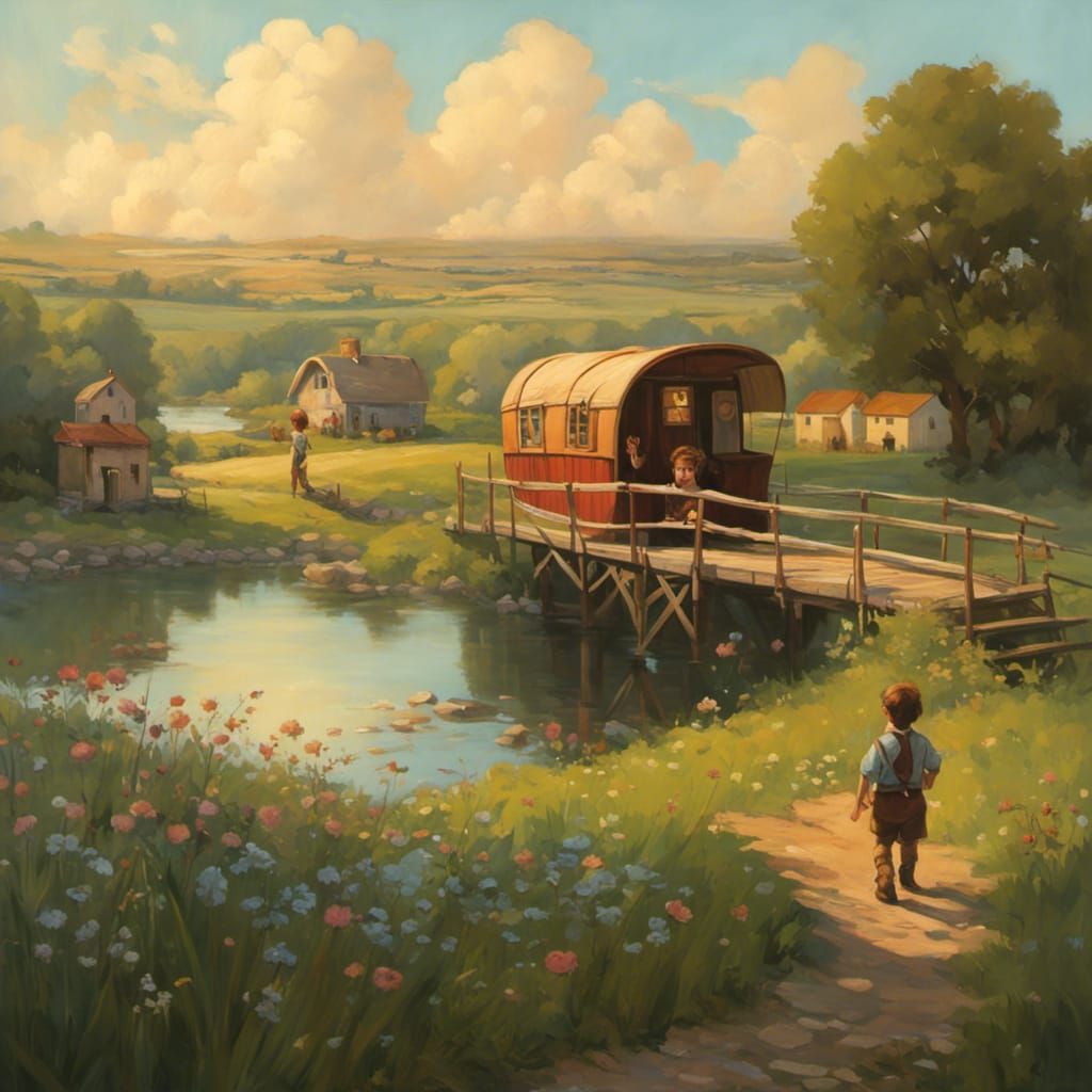 Boy Waving to Gypsy Wagon in Summer Landscape