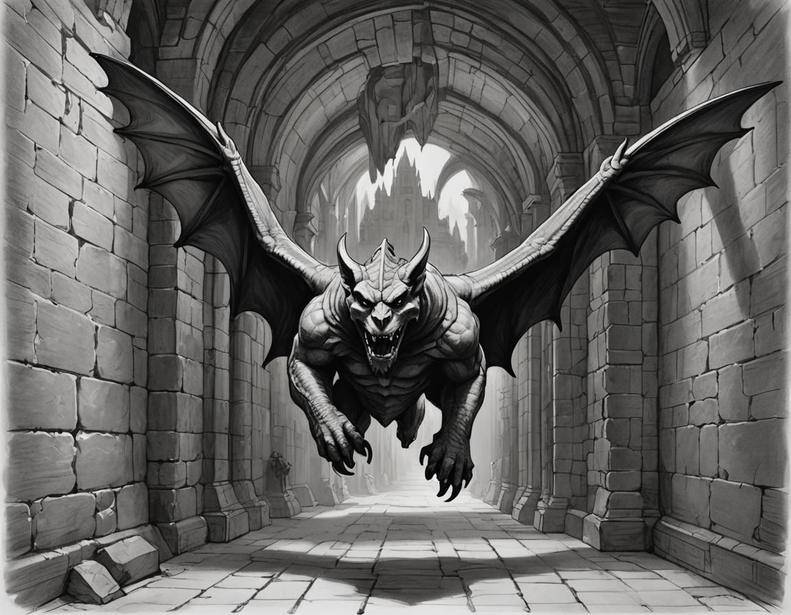 Gargoyle in Medieval Dungeon: Black and White Sketch
