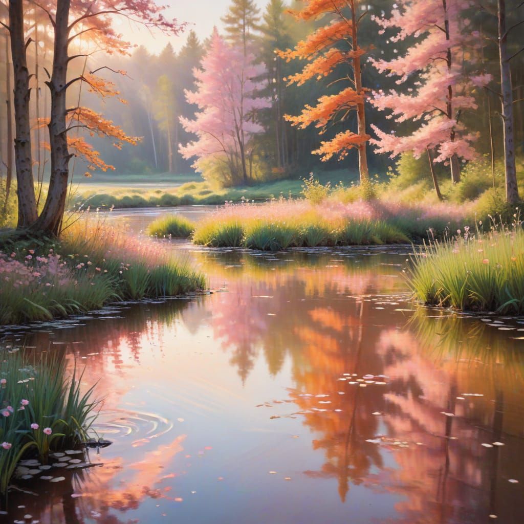Impressionist Painting of Pond in Dreamy Landscape