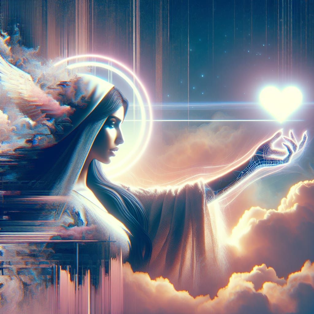 Woman Reaching for Glowing Heart with Digital Glitch Effect