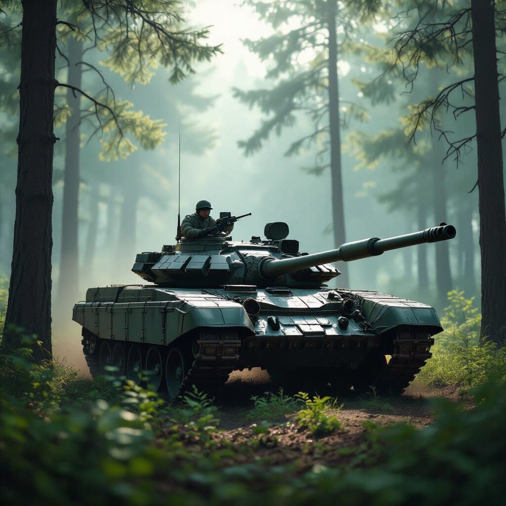 T-64 Tank in Forest with Dappled Sunlight