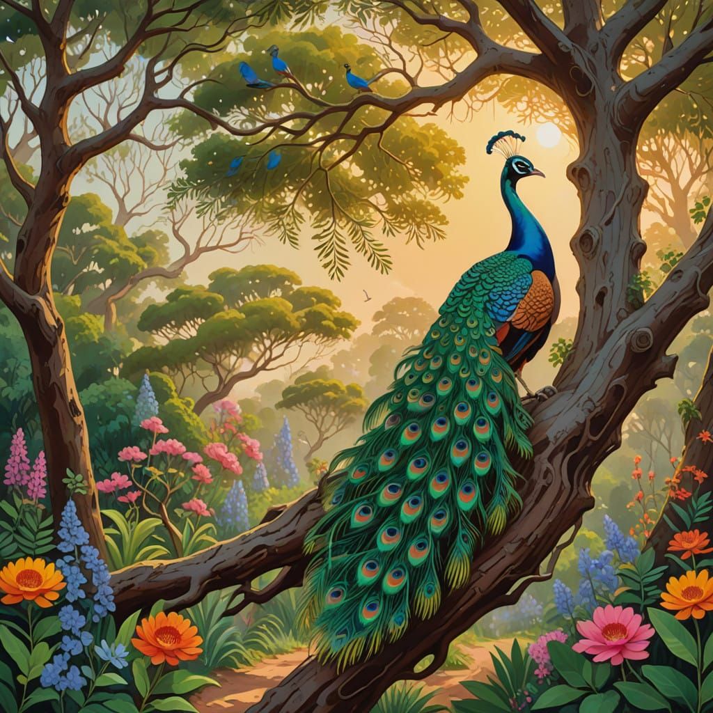 Vibrant Indian Forest Scene in Gouache Style