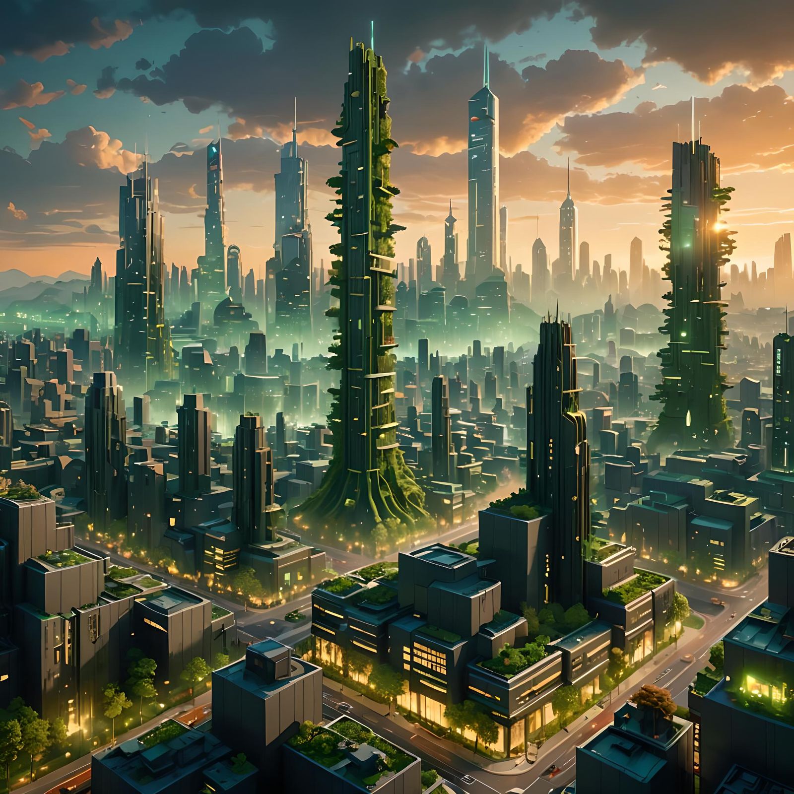 Futuristic Cityscape at Dusk in Cinematic Style