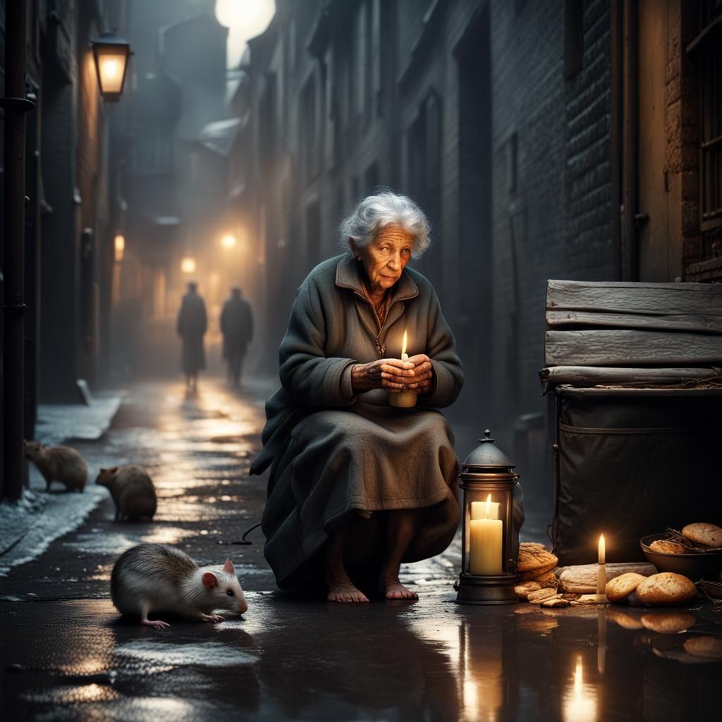 Dramatic Alleyway Scene with Homeless Woman and Candle