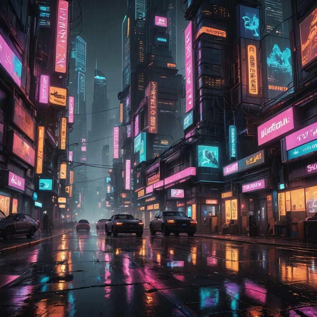 Cyberpunk Cityscape at Dusk in the Rain