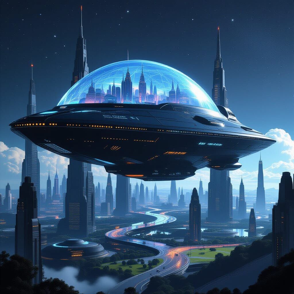 Futuristic Obsidian Spaceship City in Noir Style